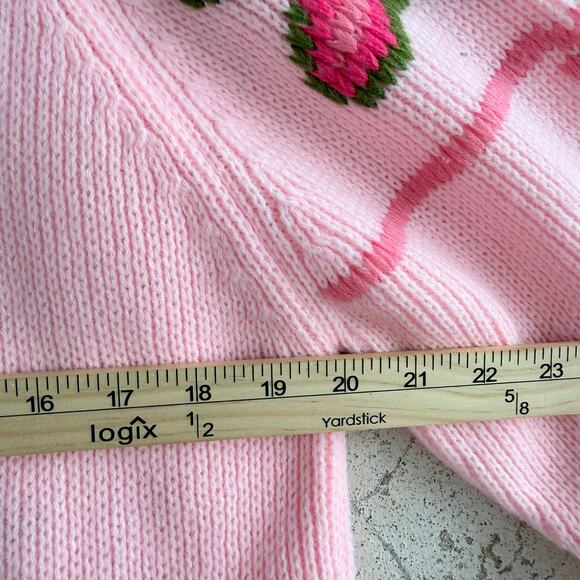 Vtg 80s Sweater Pink Textured Knit Green Pom Coquette Granny Cottagecore Women L - Picture 9 of 10